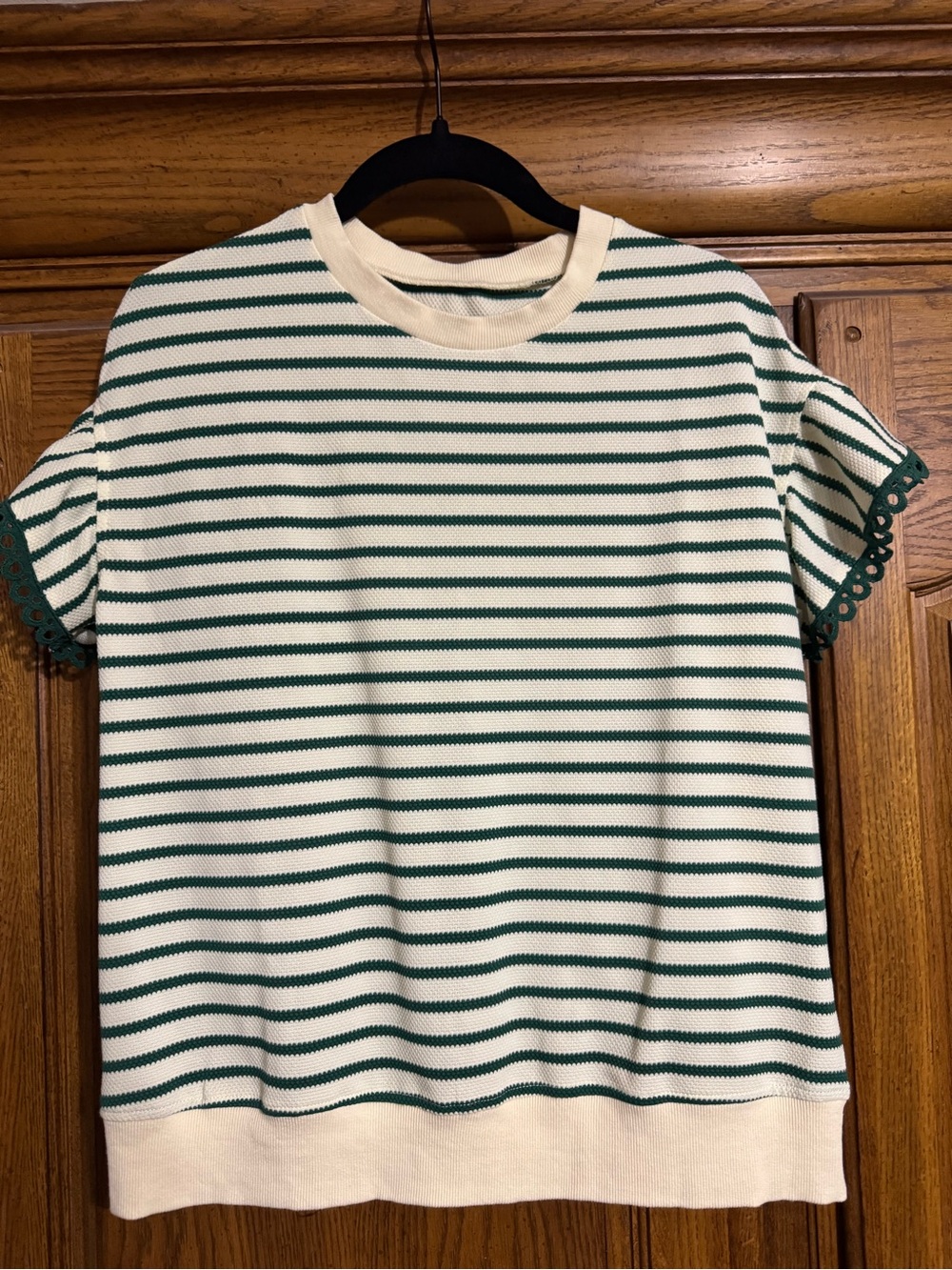 Striped Short Sleeve Knit Top in Cream and Forest Green